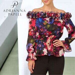 Adrianna Papell Floral Rosette Off-Shoulder Lantern Sleeve Dressy Blouse